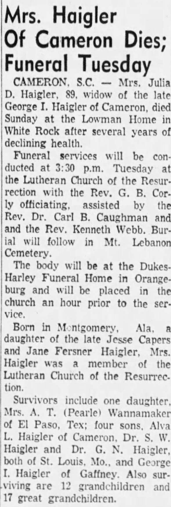 Obituary for Julia D. Haigler (Aged 89)